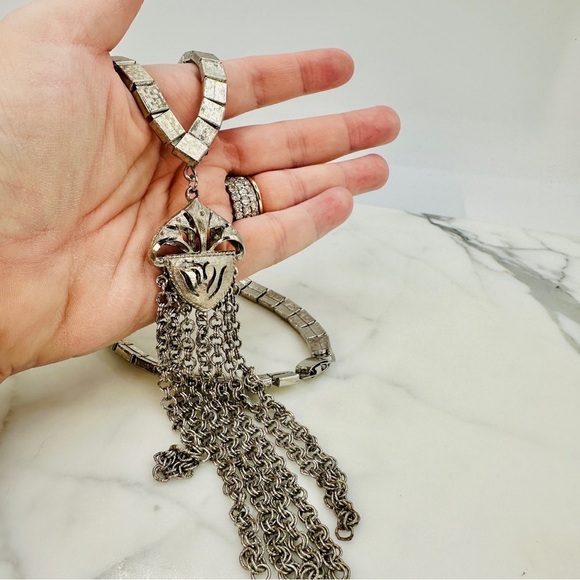 Vintage Necklace with Chain Tassel Y Texture Link Estate Jewelry Statement 1960s - Picture 4 of 14